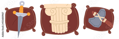 set of museum objects on a pillow is part of a Greek column, a sword, a prehistoric tool. Flat color illustration for use in posters, articles, and social media related to science and history