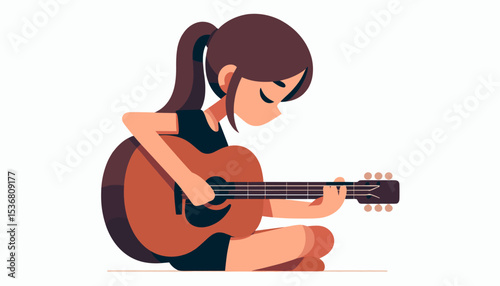 Cute girl playing an acoustic guitar, a peaceful music scene.