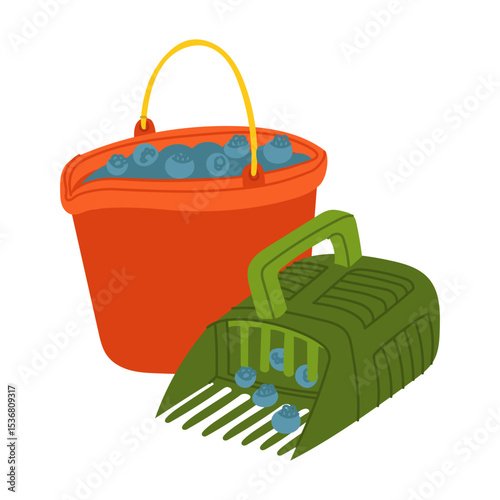 food processor and a bucket filled with blueberries. Flat color illustration. Gardening, forestry, harvesting. It is suitable for packaging design, articles harvesting, farming, eco-products and food