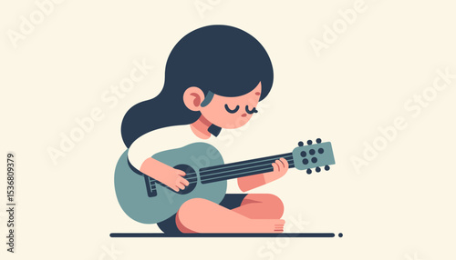 Cute girl playing an acoustic guitar, a peaceful music scene.
