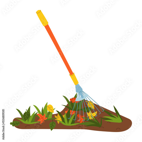 rake picks up fallen leaves in grass with fan. Flat color illustration. Gardening, forestry, harvesting. It is suitable for packaging design, articles about harvesting, farming, eco-products and food