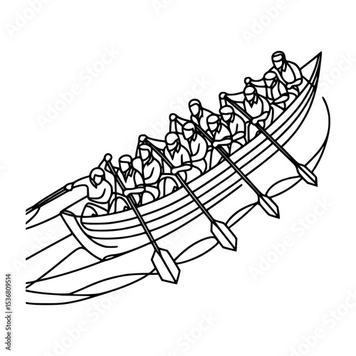 Team rowing boat line art illustration
