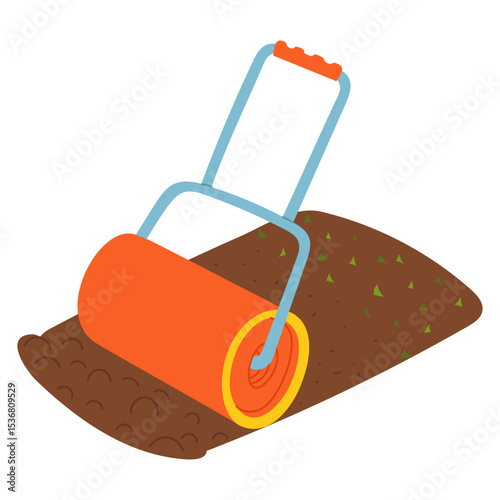 lawn roller smooths the surface of the soil. Gardening tools, tamp them down. Planting, seasonal work. Suitable for garden themes, planting, gardening, manual labor, seasonal work