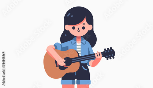 Cute girl playing an acoustic guitar, a peaceful music scene.