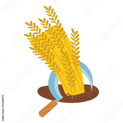 The sickle cuts off the golden ears. Gardening tools. Flat color illustration. Planting, harvesting, seasonal work. Suitable for garden themes, planting, gardening, manual labor, seasonal work