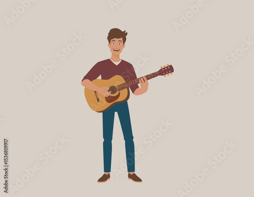 Cheerful Young Man Playing Acoustic Guitar