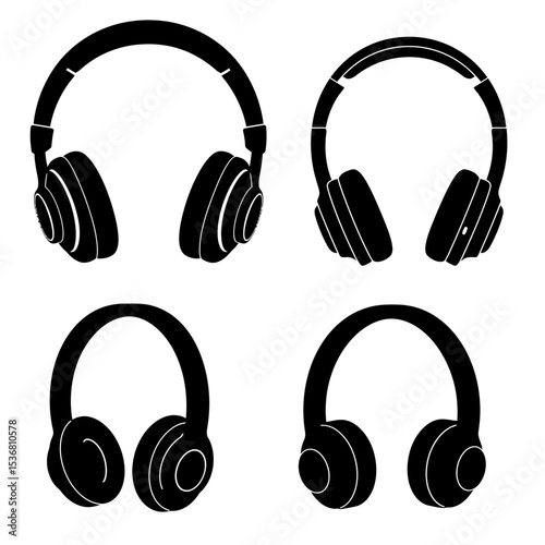 Headphones for listen music, stereo sound, audio. Dj headset, modern black and white wireless earphones in top, side and angle view, vector realistic set isolated 