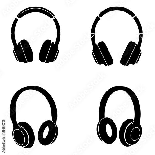 Headphones for listen music, stereo sound, audio. Dj headset, modern black and white wireless earphones in top, side and angle view, vector realistic set isolated 