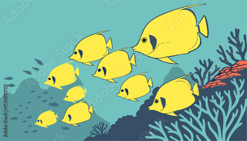Group of yellow fish in the Red Sea in Egypt all pointing the same way                   