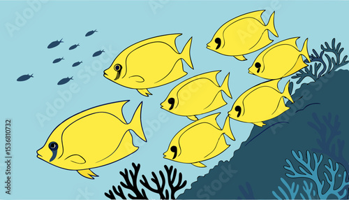Group of yellow fish in the Red Sea in Egypt all pointing the same way                   