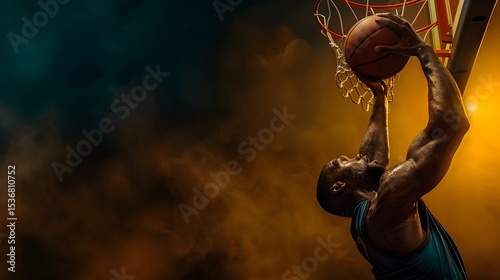 Basketballspieler beim kraftvollen Dunk in stimmungsvoller Beleuchtung
 photo