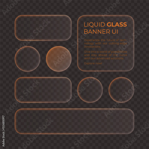 Liquid glass mobile phone interface. Golden ui frame square and circle collage with shine light stroke. Different shape banner for smartphone and web app, vector illustration.