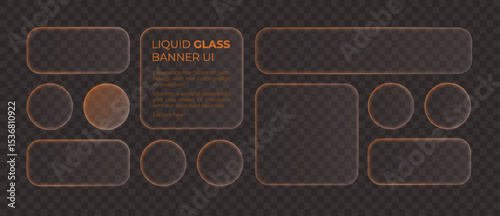 Liquid glass mobile phone interface. Golden ui frame square and circle collage with shine light stroke. Different shape banner for smartphone and web app, vector illustration.
