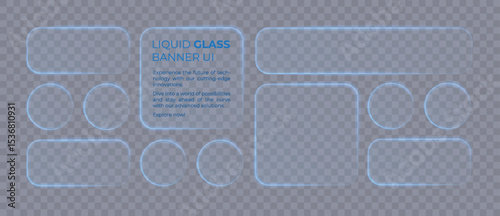 Liquid glass smartphone interface isolated for light theme. Blue ui light frame square and circle banner with glow stroke. Control center widget for smartphone and web app, vector illustration.