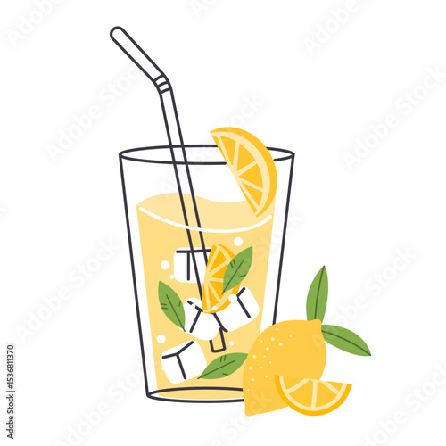 Lemonade refreshing drink, lemon soda in glass with straw and mint, vector icon hand drawn style