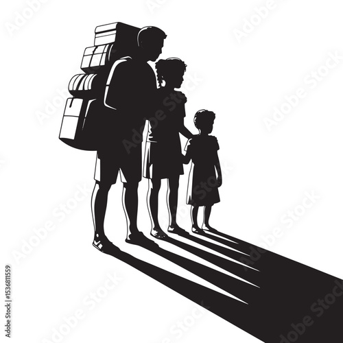 Refugee family silhouette with luggage, migration crisis concept on white background.