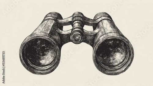 Vintage binoculars in hand drawn style, front view sketch on light background, old optical device