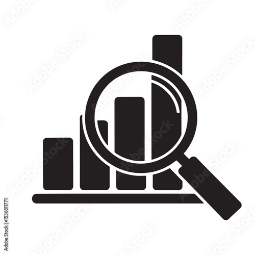 Data analysis bar chart with magnifying glass icon. Analytics, research, statistics concept.