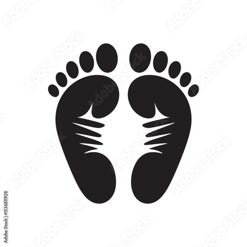 Baby feet logo icon with hand embrace shape, newborn footprint symbol isolated on white background.