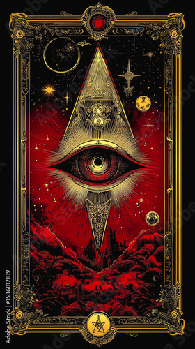 A mystical design featuring an eye within a pyramid, surrounded by stars and cosmic elements. The background is dark red, enhancing the gothic and esoteric theme.