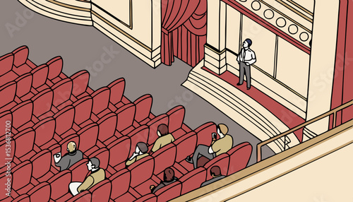 Theater mini audience with a view from above with almost all the seats occupied, arranged in rows.                 