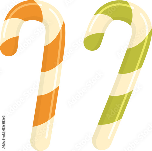 Set of two christmas candy canes. Sweet caramel stick isolated on white background.