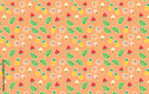 Seamless summer pattern with cute pineapples, watermelons, ice cream, and tropical leaves on orange background, perfect for seasonal products, kids items, and summer-themed designs