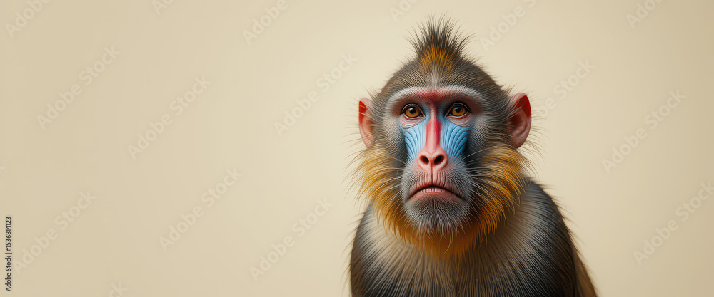 Stylized mandrill monkey close-up with colorful face markings and expressive eyes on beige background in modern digital animal artwork style