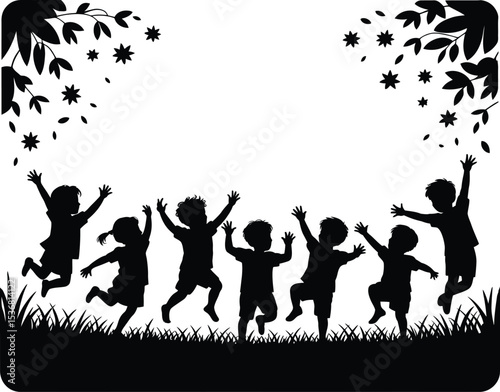 Kids silhouette vector illustration black and white design