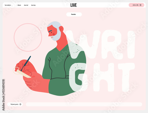Writing people, modern flat vector concept illustration- standing man thoughtfully writing on notebook, bubble near head Metaphor for reflection, personal insight, contemplation, creative expression