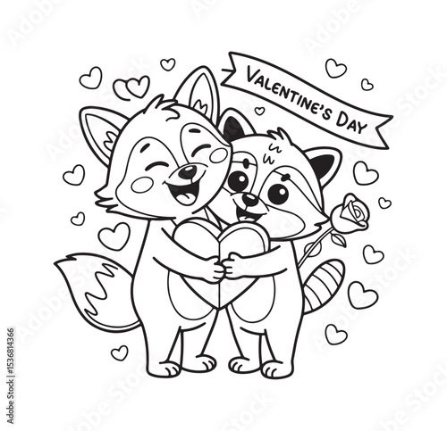 Valentine's day raccoon couple hugging with hearts and rose in cute cartoon coloring page for kids