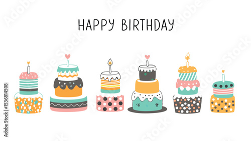 Illustration of six colorful birthday cakes with candles and hearts and happy birthday message on top center