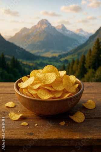 Bowl of Crispy Potato Chips on Rustic Table with Scenic Mountain View – Photorealistic Food and Travel Scene