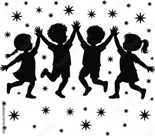 Kids silhouette vector illustration black and white design