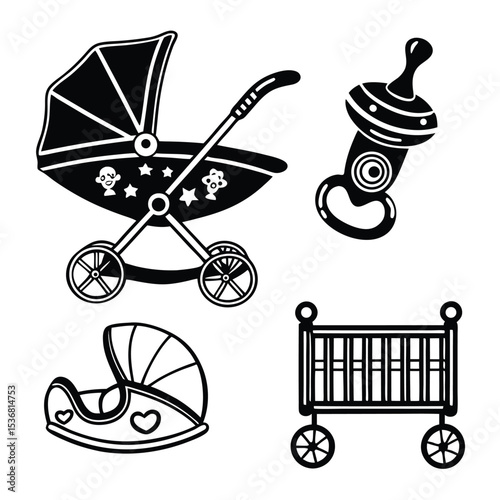 Vector illustration of a colorful baby carriage and essential child accessories, perfect for designs celebrating birth or a newborn's childhood