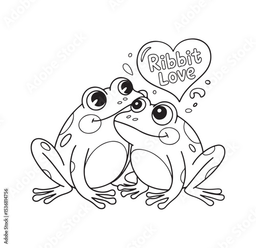 Frog love coloring page with ribbit love heart text in cute cartoon line art style