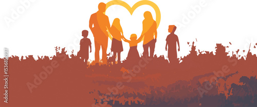 Forest fire burning at sunset vector illustration with silhouettes of people and nature.