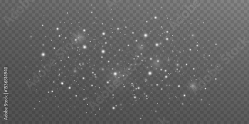 Blurred white snow particles on a transparent background. Magical ethereal light effect for festive or fantasy themes. Shimmering ambiance lights bokeh. Vector illustration.