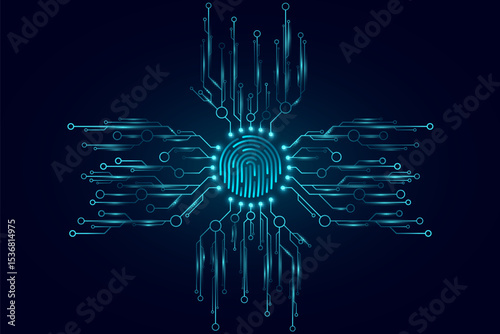 Glowing blue fingerprint integrated with a futuristic circuit network for biometric security background. Digital authentication and cybersecurity for your technology design. Vector illustration.