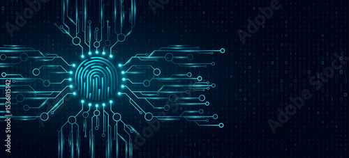 Glowing blue fingerprint integrated with a futuristic circuit network for biometric security background. Digital authentication and cybersecurity for your UI design. Vector illustration.
