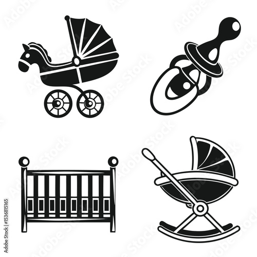 Set of isolated baby carriage and stroller vector icons, perfect for illustrating childhood, birth, or vintage transport