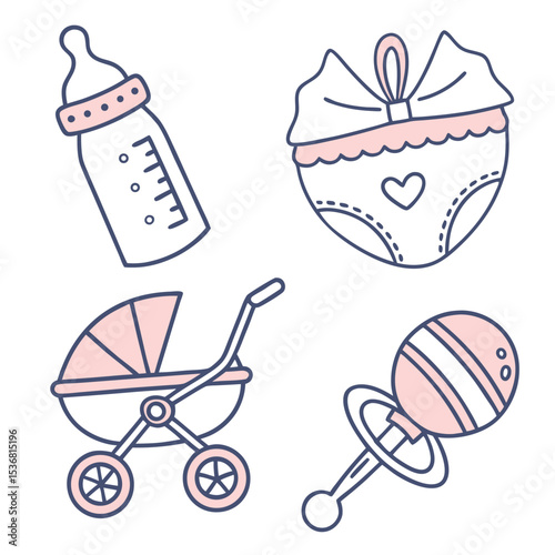 A sweet, pink, and playful vector illustration set of baby girl icons, featuring carriages, prams, and strollers, perfect for birthday card designs