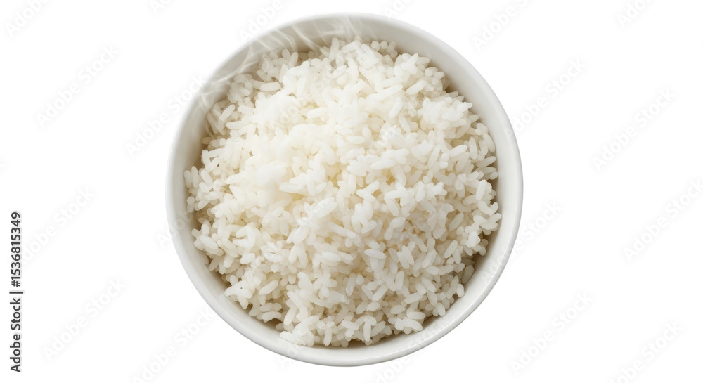 A bowl filled with cooked white fluffy rice on transparent background A bowl filled with cooked white fluffy rice on transparent background