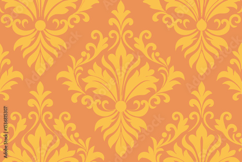 Elegant Damask Pattern Gold and Orange Floral Design Seamless Texture