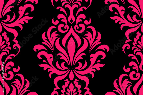 Elegant Damask Seamless Pattern Hot Pink and Black Floral Design