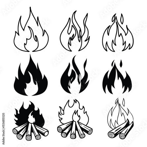 Vector set of fire and flame icons, symbols, and signs for danger and heat illustrations