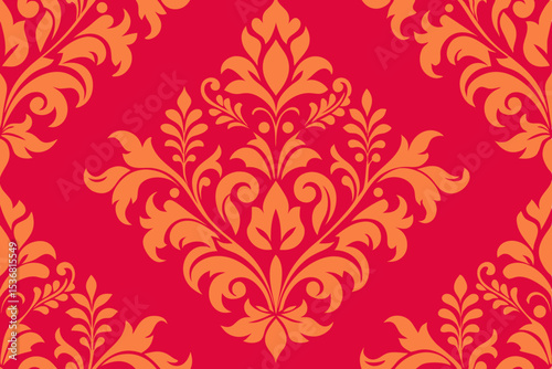 Elegant Damask Seamless Pattern Red and Orange Floral Design for Luxury Backgrounds