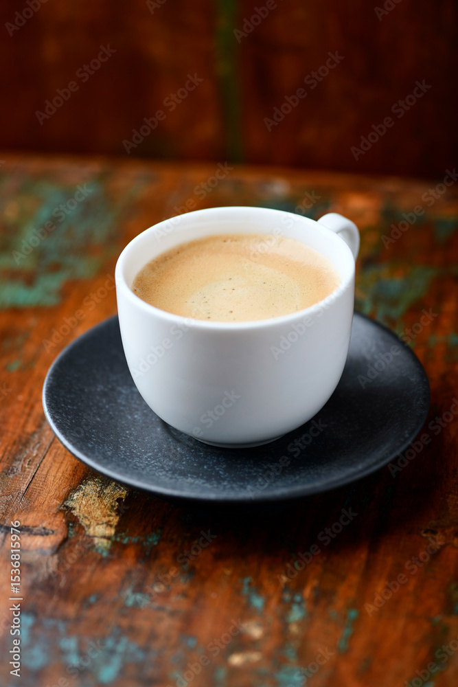 Fototapeta premium Cup of coffee on wooden background. Soft focus. Copy space