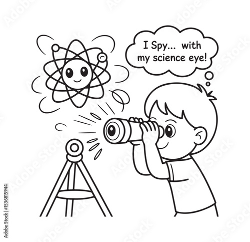 Little boy using telescope with atom and science concept in cartoon outline style