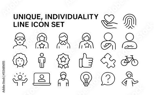 A collection of unique individuality line icon set featuring diverse symbols and representations of identity